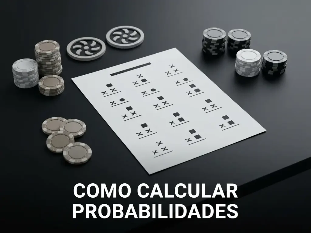 Fichas de casino, símbolos de spins e uma folha com contas de multiplicação