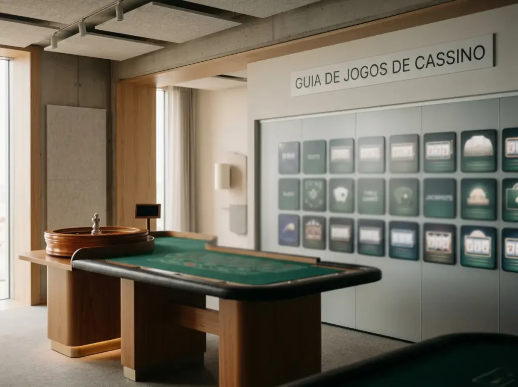Estúdio de dealer ao vivo ao lado de painéis com slots e outras categorias de casino
