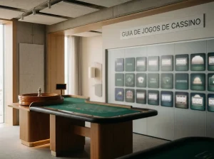 Estúdio de dealer ao vivo ao lado de painéis com slots e outras categorias de casino