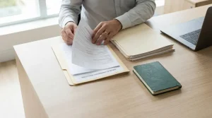 Mesa de trabalho com documentos regulatórios, pastas e um computador portátil