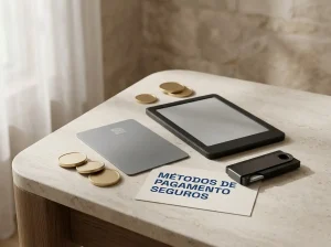 Cartão bancário, carteira digital, notas de euro e carteira de criptoativos sobre uma secretária