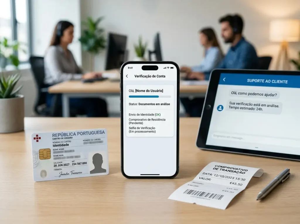 Documentos genéricos ao lado de uma janela de chat de apoio e de um telemóvel